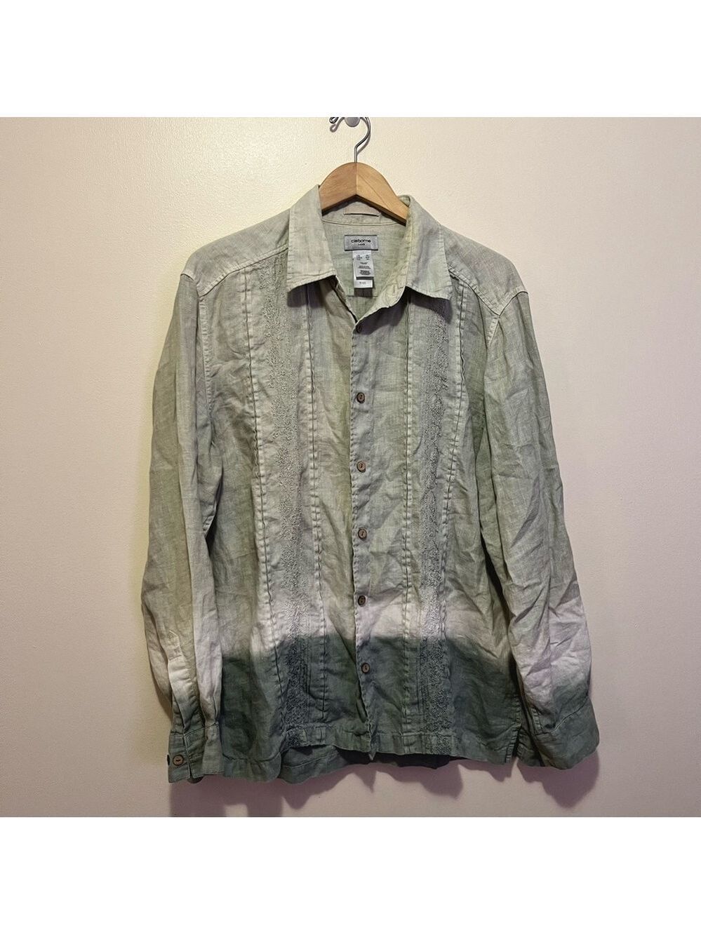 Claiborne Luxe Men's Green Gradient 100% Linen button up shirt casual unisex